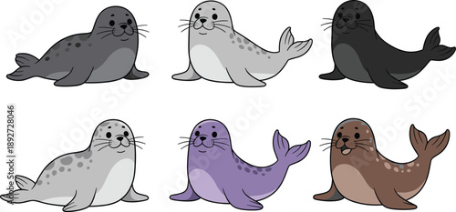 Seal cartoon vector set. Cute marine seals in different colors and poses. Adorable ocean animal illustrations isolated on white background.