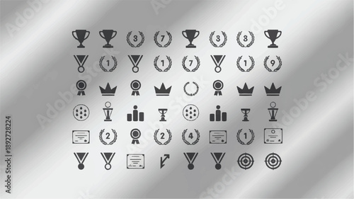 Collection of awards trophies medals crowns certificates and targets trophy