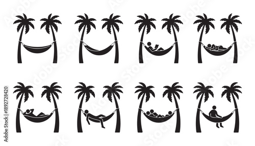 Hammock between palm trees silhouette set. Vector collection of people relaxing, sleeping, reading, and resting on summer beach. Black isolated icons.