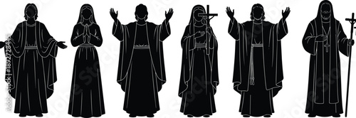 Religious figures silhouette, ceremonial robes, clergy icons, worship poses, sacred symbols, Christian staff and cross illustration, black design, flat vector