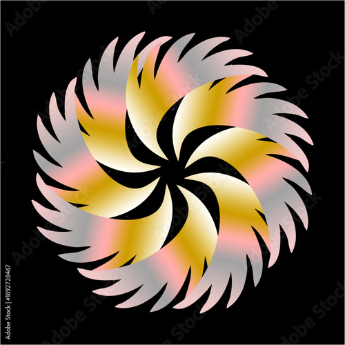 Soft golden blades radiate outward, blush highlights fading into darkness, elegant swirl pattern, quiet motion, balanced symmetry, glowing calm.