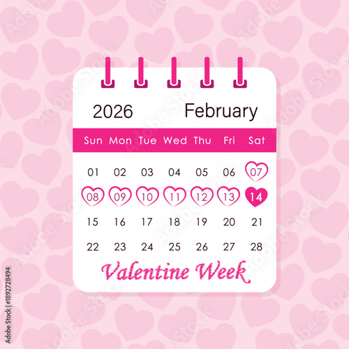 Valentine Week 2026, highlighted dates on February calendar sheet, vector illustration