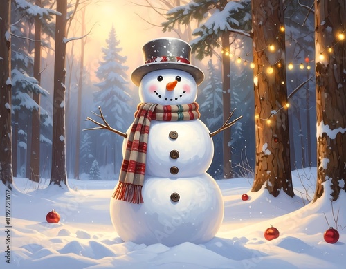 A jolly snowman with a hat and scarf stands in a snowy forest, with a string of lights. Christmas ornaments are scattered