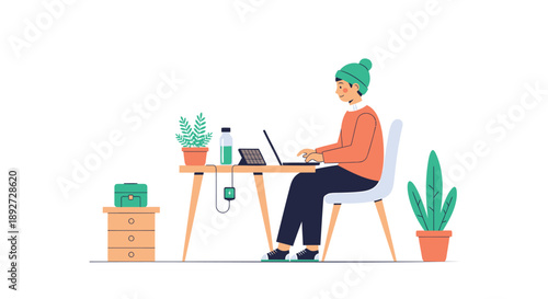 Remote worker sitting at desk with laptop plants and office supplies in modern home workspace