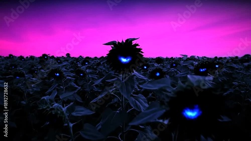 Surreal Sunflowers at Dusk - A Field of Glowing Blooms Under Purple Sky.
