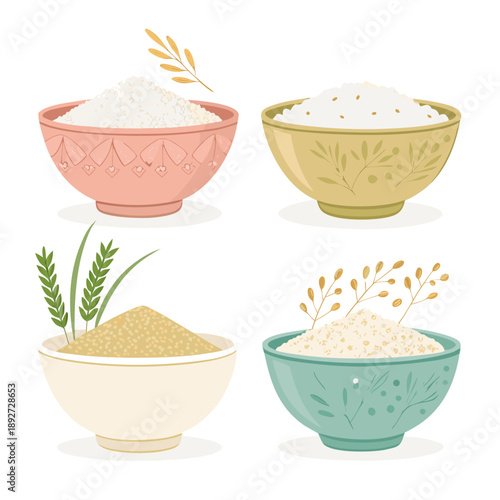 Collection of various grain and rice bowls in a flat design illustration set viewed from above