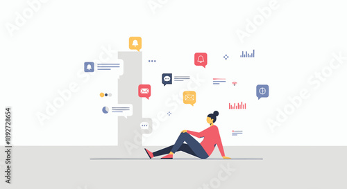 Person sitting relaxed with social media icons and notifications floating around