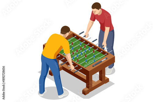 Isometric classic wooden foosball table. Detailed table soccer with red and blue players on a green pitch isolated on white. Table sport equipment for entertainment, bar game and leisure activity