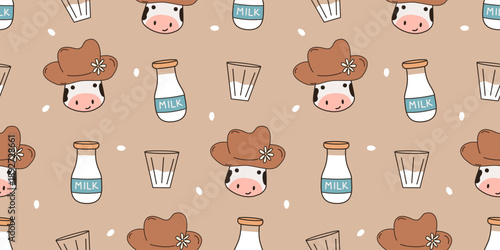 cute hand drawn cartoon character with funny cow with hat, milk bottle and glass horizontal seamless vector pattern background illustration