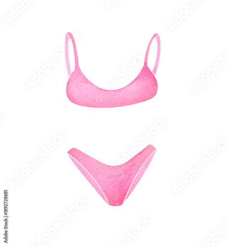 pink bikini swimsuit, plain cotton underwear, beachwear. cute watercolor illustration isolated on transparent background, clip art and cut out element design
