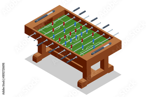 Isometric classic wooden foosball table. Detailed table soccer with red and blue players on a green pitch isolated on white. Table sport equipment for entertainment, bar game and leisure activity