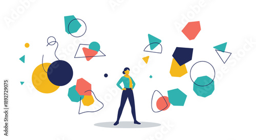 Confident man surrounded by floating colorful geometric shapes and abstract forms