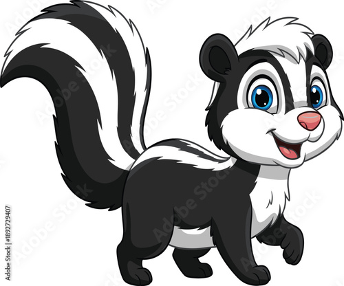 Cartoon illustration of a cheerful skunk with bright blue eyes and raised arms. Ideal for educational, mascot, or playful animal-themed creative projects.