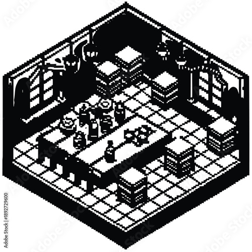 Pixel Art 1-Bit Medieval Tavern Inn Interior Top-Down Background Scene