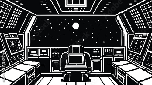 Pixel Art 1-Bit Spaceship Cockpit Bridge Starship Background Scene