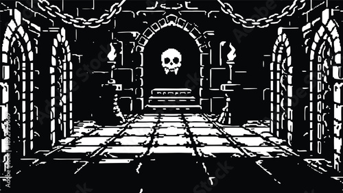 Pixel Art 1-Bit Dungeon Hallway Interior Background Scene