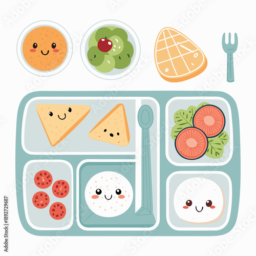 A lunch tray with food items including sandwiches, fruits, and desserts arranged neatly on a tray, viewed from directly above.