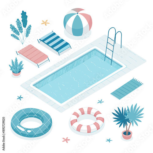 Flat vector illustration of poolside items including inflatables and lounge chairs around a rectangular swimming pool