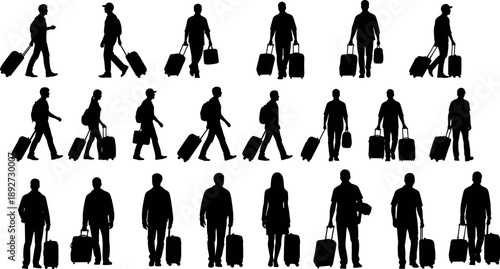 Set of travelers silhouettes walking with luggage bags and suitcases isolated on white background for tourism and travel concept.