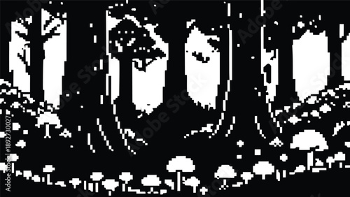Pixel Art 1-Bit Magical Forest Nature Background Scene