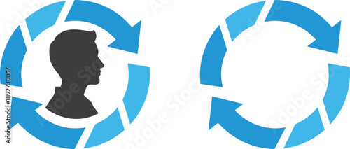 Circular arrow diagrams with human head silhouette and empty center for user-centric, workflow, and process design themesCircular arrow diagrams with human head silhouette and empty center for user-