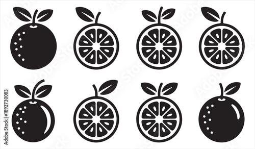 Black vector orange icons collection featuring fresh citrus fruit slices
