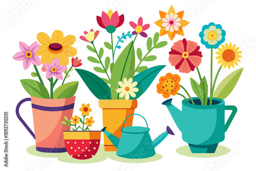 A colorful vector illustration of potted flowers and watering cans on a white background