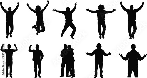 Set of ten silhouette figures in celebratory, energetic, and expressive poses for emotional, motivational, and social interaction-themed design concepts