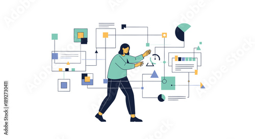 Person interacting with complex flowchart diagram solving problems with geometric shapes and lines