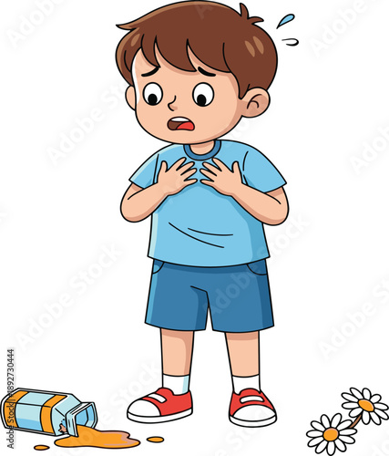 Cartoon illustration of a surprised boy reacting to a spilled juice box on the ground. Ideal for emotional, educational, or storytelling-themed creative projects.