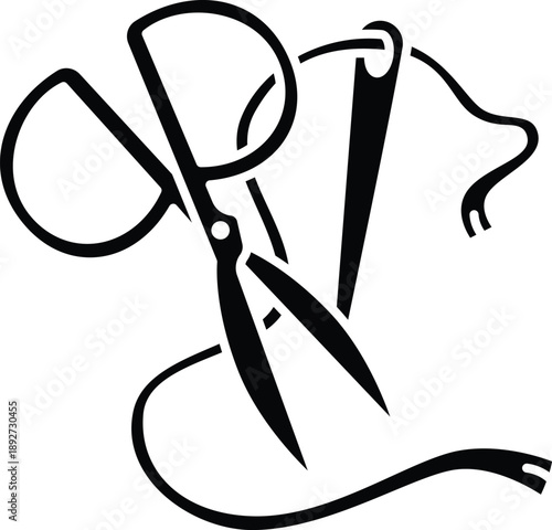 Scissors with Thread Icon, Sewing Tailoring and Handmade Craft Line Vector Illustration Isolated on White