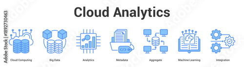 Cloud Analytics web banner icon set vector illustration concept for business with icon of Cloud Computing, Big Data, Analytics, Metadata, Aggregate, Mach.