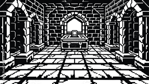 Pixel Art 1-Bit Indoor Dungeon Interior Prison Background Scene