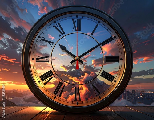 A large, black-framed clock face reflecting a vibrant sunset over a city. The hands show a time, on a wooden platform