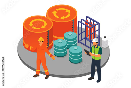 Two workers in hard hats standing near large industrial cylinders and stacks of coins on a gray platform