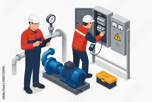 Two workers in hard hats inspecting industrial equipment and controls