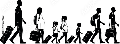 Silhouette of Large Family Walking with Luggage and Backpacks for Travel, Vacation or Migration Concept Isolated on White Background Vector