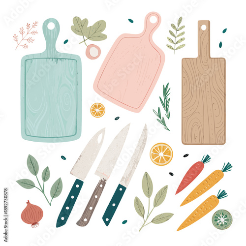 Kitchen utensils and ingredients arranged on a neutral background in a flat vector illustration