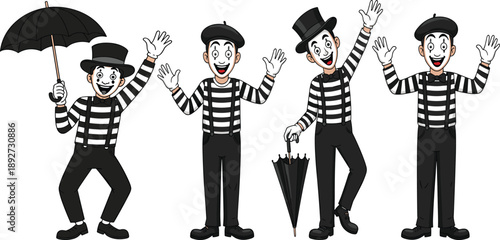 Cartoon illustration of four expressive mime performers in classic outfits and varied poses. Ideal for theatrical, artistic, or character-based educational and creative projects.