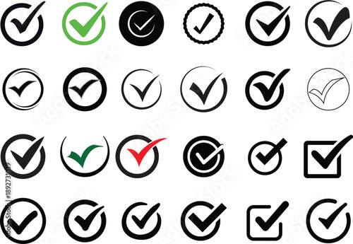 Check Mark and Tick Icon Set, Approval Confirmation and Validation Symbols Vector Illustration