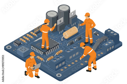 Workers in orange uniforms assembling and repairing a large circuit board