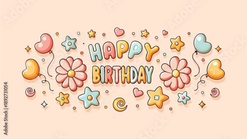 Colorful happy birthday greeting with pastel flowers and balloons on peach background