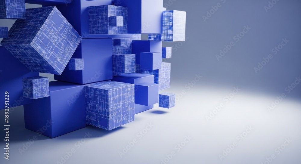 Obraz premium Blue cubes and blocks on a white background.