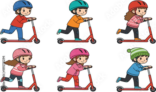 Cartoon illustration of six children riding red scooters with helmets and colorful outfits. Promotes outdoor activity, safety, and fun in educational or creative projects.
