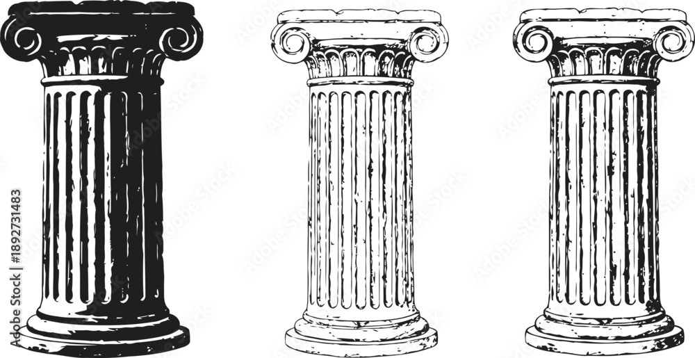 Naklejka premium Three classical greek ionic columns in black and white vintage engraving isolated on white background