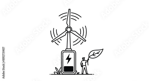 Man standing next to wind turbine charging battery with leaf symbolizing renewable energy and sustainability