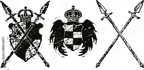 Medieval heraldic shields with crossed spears and crowned crests in black and white vintage