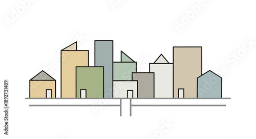 Minimalist Cityscape Line Art - Geometric Buildings and Houses