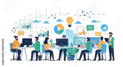 Teamwork office meeting, data analysis, business growth, strategy planning