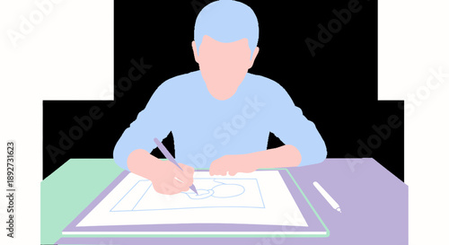 Young boy drawing at desk, creative hobby, illustration concept